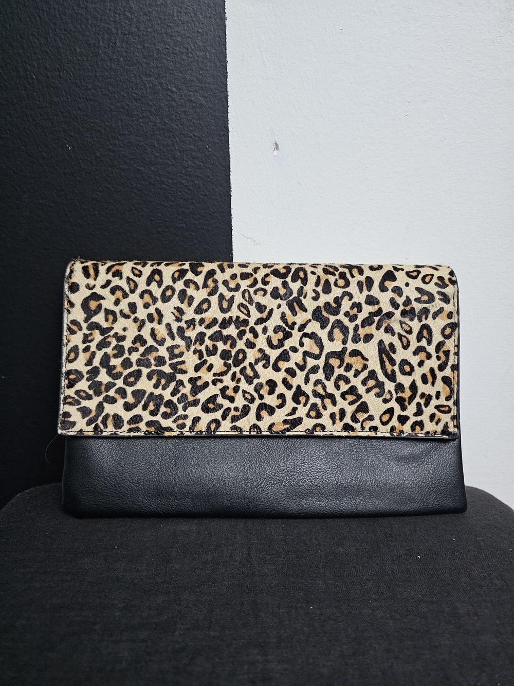 Madison West Leopard Print Fold-Over Clutch in Black and Tan